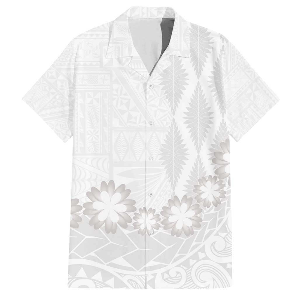 Tonga White Sunday Family Matching Off Shoulder Maxi Dress and Hawaiian Shirt Manuia le Aso Sa o Tamaiti Heilala With Ngatu Pattern LT14 Dad's Shirt - Short Sleeve White - Polynesian Pride