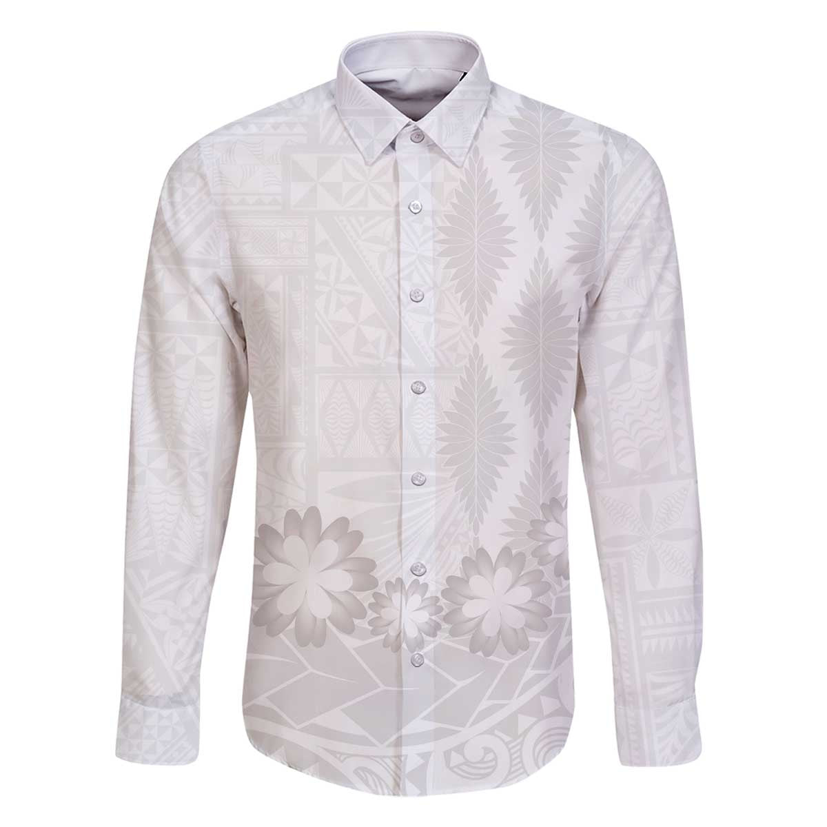 Tonga White Sunday Family Matching Off Shoulder Short Dress and Hawaiian Shirt Manuia le Aso Sa o Tamaiti Heilala With Ngatu Pattern LT14 Dad's Shirt - Long Sleeve White - Polynesian Pride