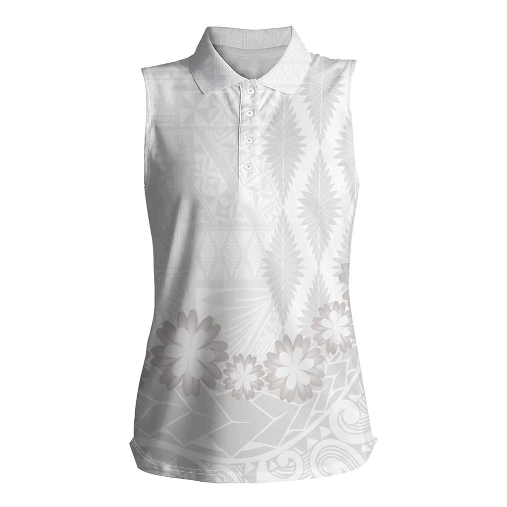 Tonga White Sunday Women Sleeveless Polo Shirt Manuia le Aso Sa o Tamaiti Heilala With Ngatu Pattern LT14 Female White - Polynesian Pride