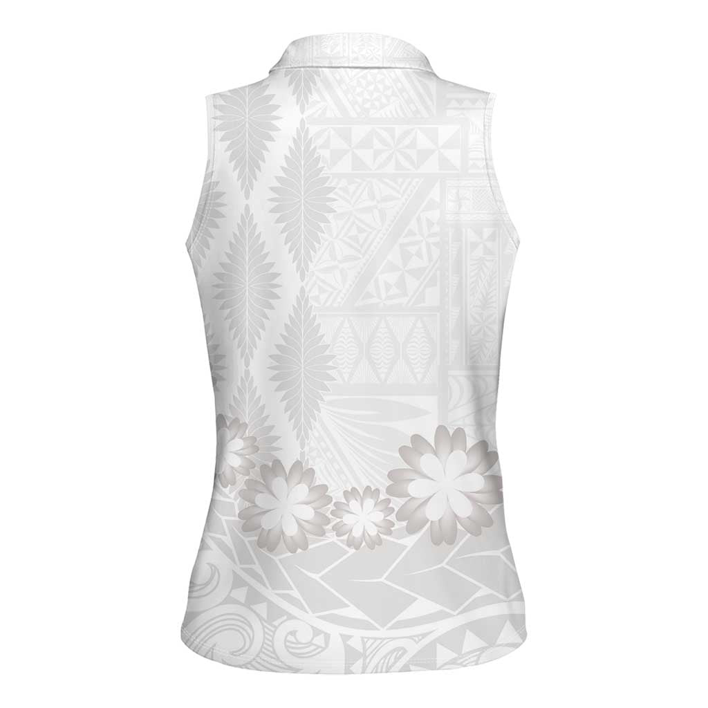 Tonga White Sunday Women Sleeveless Polo Shirt Manuia le Aso Sa o Tamaiti Heilala With Ngatu Pattern LT14 - Polynesian Pride