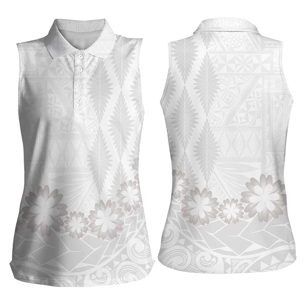 Tonga White Sunday Women Sleeveless Polo Shirt Manuia le Aso Sa o Tamaiti Heilala With Ngatu Pattern LT14 - Polynesian Pride