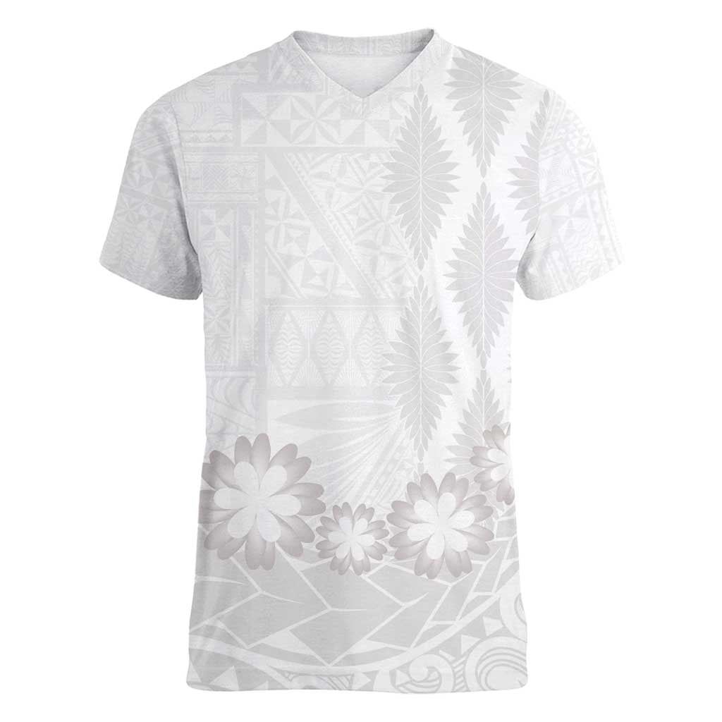 Tonga White Sunday Women V-Neck T-Shirt Manuia le Aso Sa o Tamaiti Heilala With Ngatu Pattern LT14 Female White - Polynesian Pride