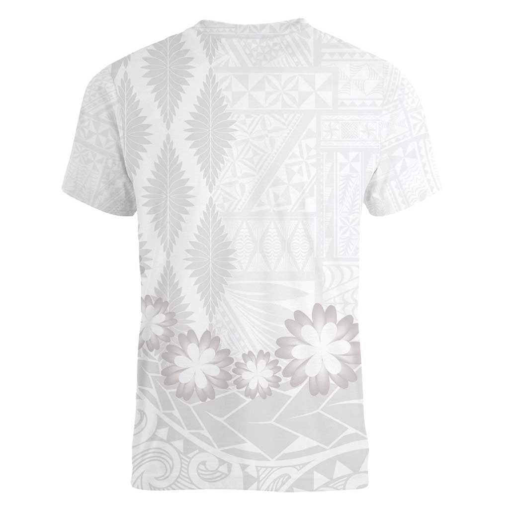 Tonga White Sunday Women V-Neck T-Shirt Manuia le Aso Sa o Tamaiti Heilala With Ngatu Pattern LT14 - Polynesian Pride