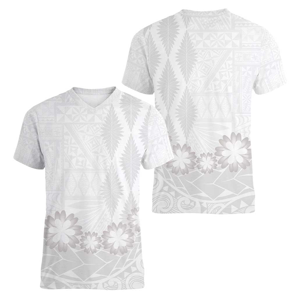 Tonga White Sunday Women V-Neck T-Shirt Manuia le Aso Sa o Tamaiti Heilala With Ngatu Pattern LT14 - Polynesian Pride