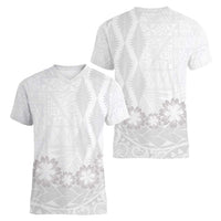 Tonga White Sunday Women V-Neck T-Shirt Manuia le Aso Sa o Tamaiti Heilala With Ngatu Pattern LT14 - Polynesian Pride