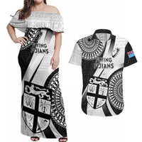 Custom Fiji Rugby Couples Matching Off Shoulder Maxi Dress and Hawaiian Shirt World Cup 2023 Go Champions Fijian Tapa Black Version LT14 Black - Polynesian Pride