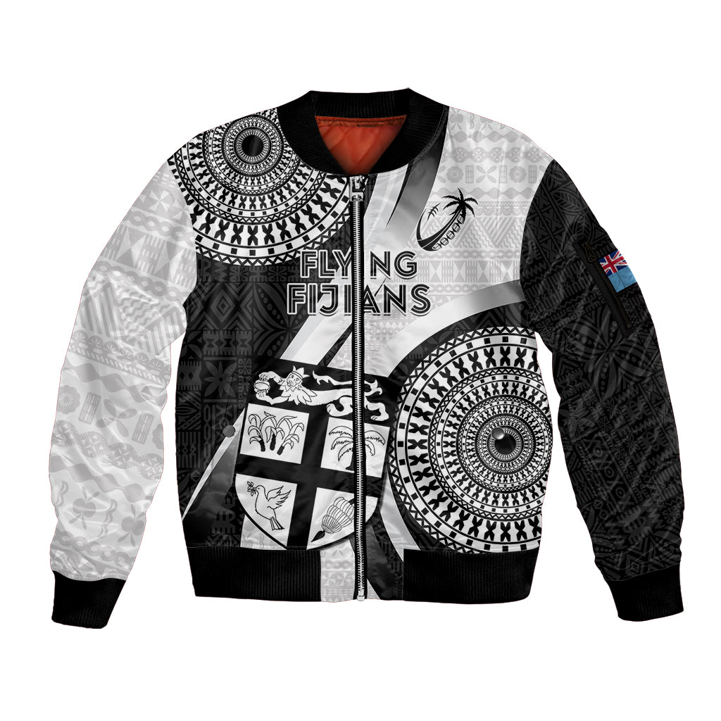 Custom Fiji Rugby Sleeve Zip Bomber Jacket World Cup 2023 Go Champions Fijian Tapa Black Version LT14 Unisex Black - Polynesian Pride