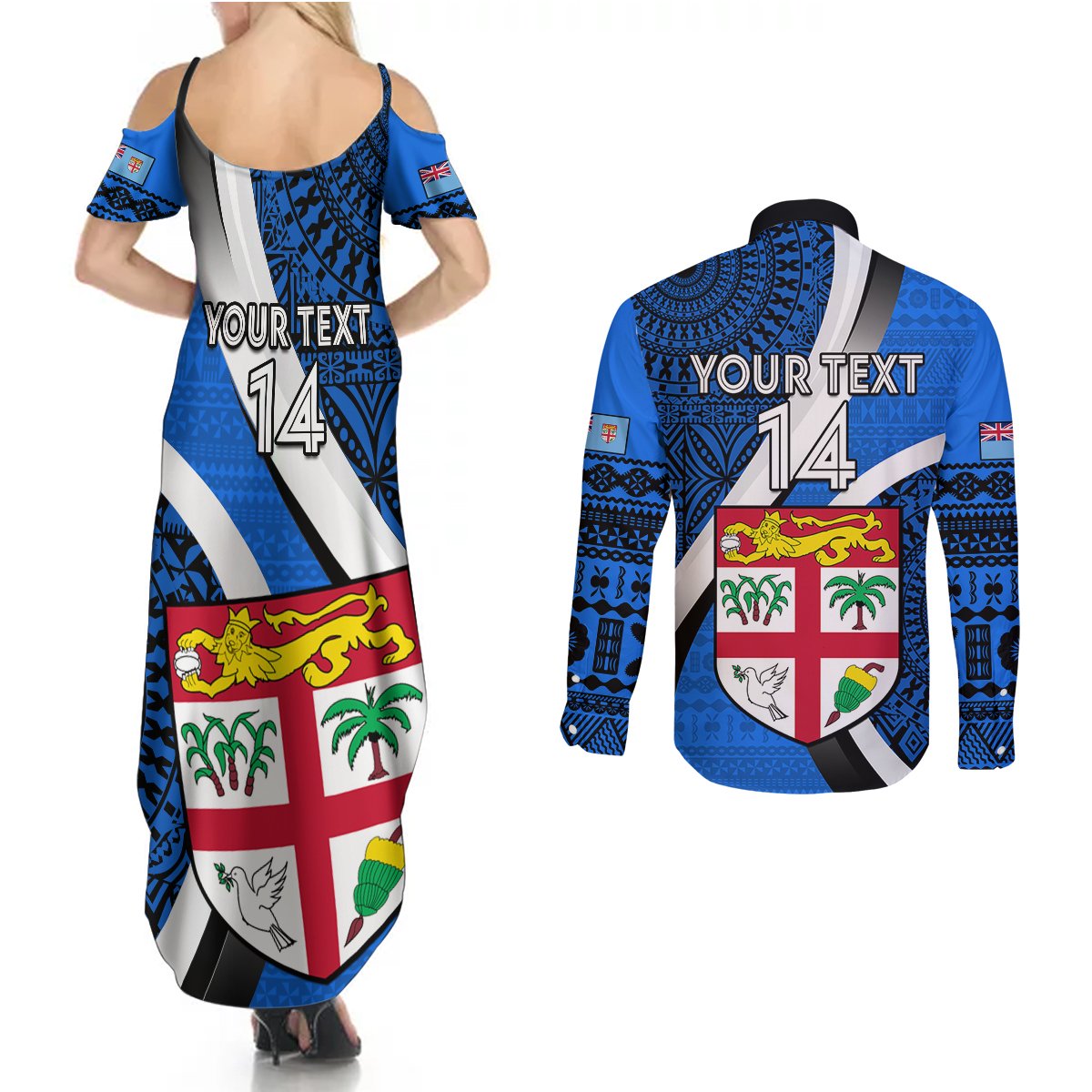 Custom Fiji Rugby Couples Matching Summer Maxi Dress and Long Sleeve Button Shirts World Cup 2023 Go Champions Fijian Tapa Blue Version LT14 - Polynesian Pride