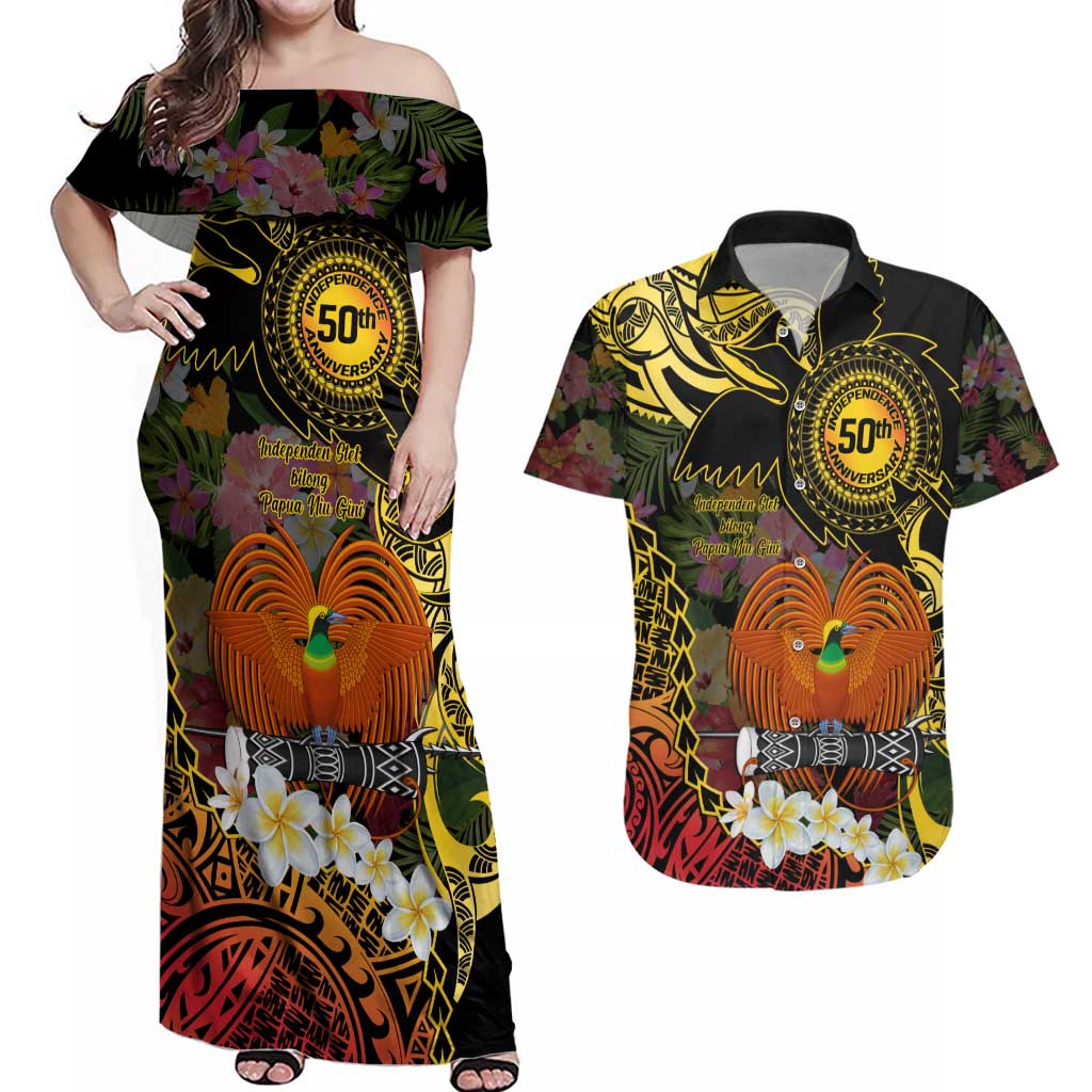 Papua New Guinea 50th Independence Anniversary Couples Matching Off Shoulder Maxi Dress and Hawaiian Shirt Independen Stet bilong Papua Niu Gini LT14 Black - Polynesian Pride