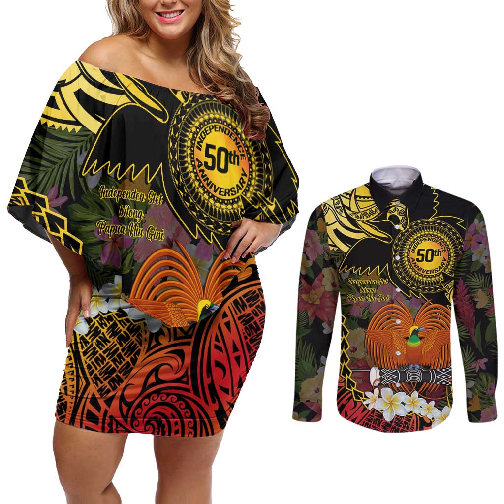 Papua New Guinea 50th Independence Anniversary Couples Matching Off Shoulder Short Dress and Long Sleeve Button Shirt Independen Stet bilong Papua Niu Gini LT14 Black - Polynesian Pride