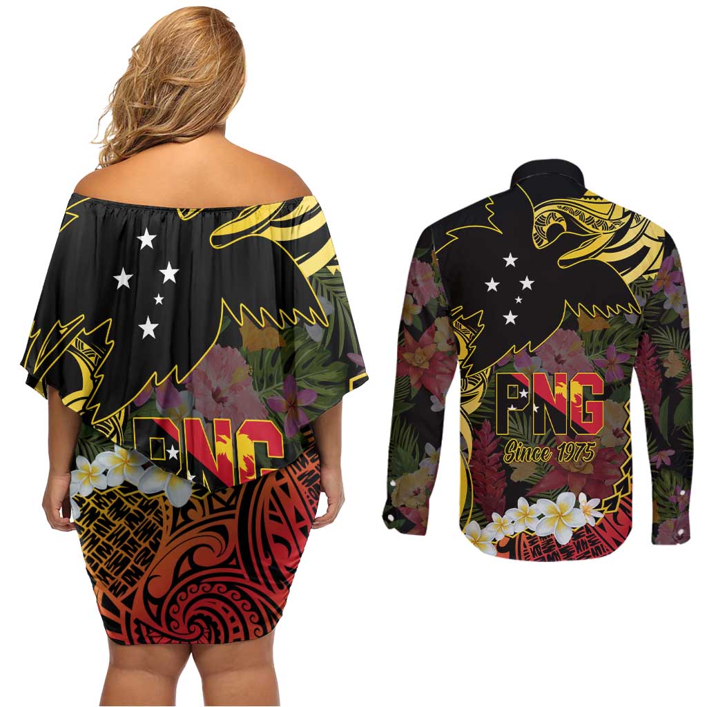 Papua New Guinea 50th Independence Anniversary Couples Matching Off Shoulder Short Dress and Long Sleeve Button Shirt Independen Stet bilong Papua Niu Gini LT14 - Polynesian Pride