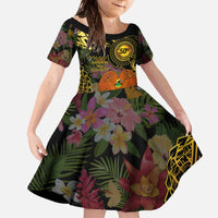 Papua New Guinea 50th Independence Anniversary Family Matching Off The Shoulder Long Sleeve Dress and Hawaiian Shirt Independen Stet bilong Papua Niu Gini LT14 Daughter's Dress Black - Polynesian Pride
