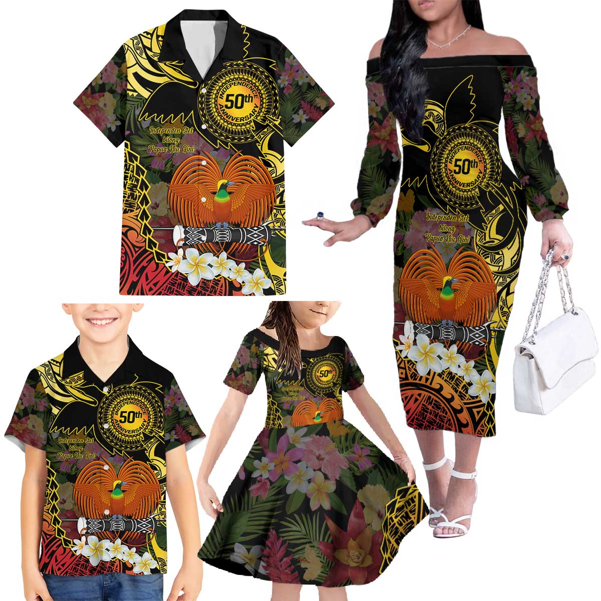Papua New Guinea 50th Independence Anniversary Family Matching Off The Shoulder Long Sleeve Dress and Hawaiian Shirt Independen Stet bilong Papua Niu Gini LT14 - Polynesian Pride