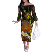 Papua New Guinea 50th Independence Anniversary Family Matching Off The Shoulder Long Sleeve Dress and Hawaiian Shirt Independen Stet bilong Papua Niu Gini LT14 Mom's Dress Black - Polynesian Pride
