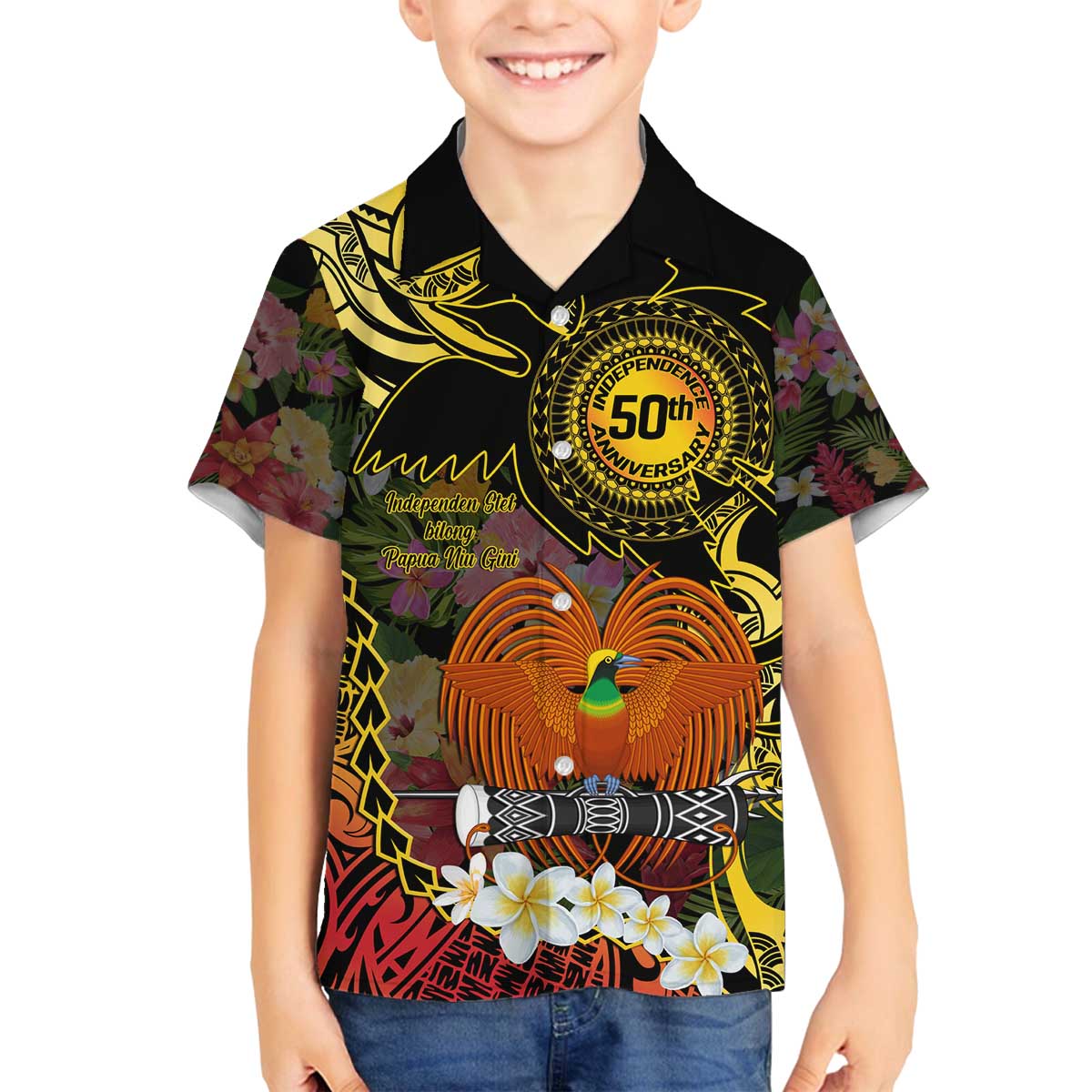 Papua New Guinea 50th Independence Anniversary Family Matching Off The Shoulder Long Sleeve Dress and Hawaiian Shirt Independen Stet bilong Papua Niu Gini LT14 Son's Shirt Black - Polynesian Pride