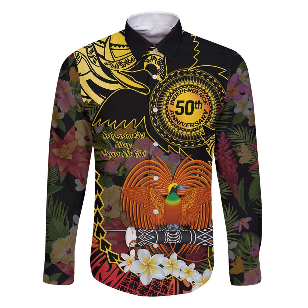 Papua New Guinea 50th Independence Anniversary Family Matching Tank Maxi Dress and Hawaiian Shirt Independen Stet bilong Papua Niu Gini LT14 Dad's Shirt - Long Sleeve Black - Polynesian Pride