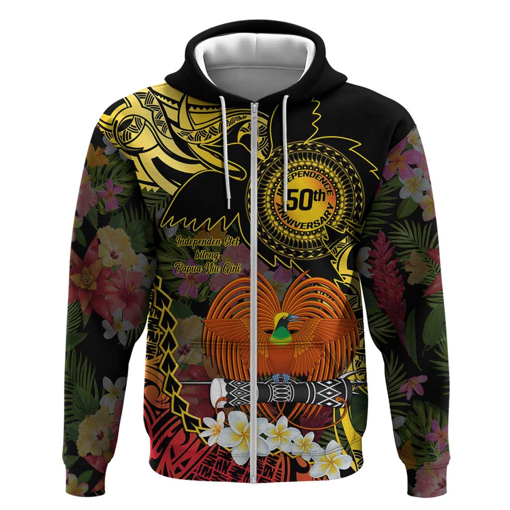 Papua New Guinea 50th Independence Anniversary Hoodie Independen Stet bilong Papua Niu Gini LT14 Zip Hoodie Black - Polynesian Pride