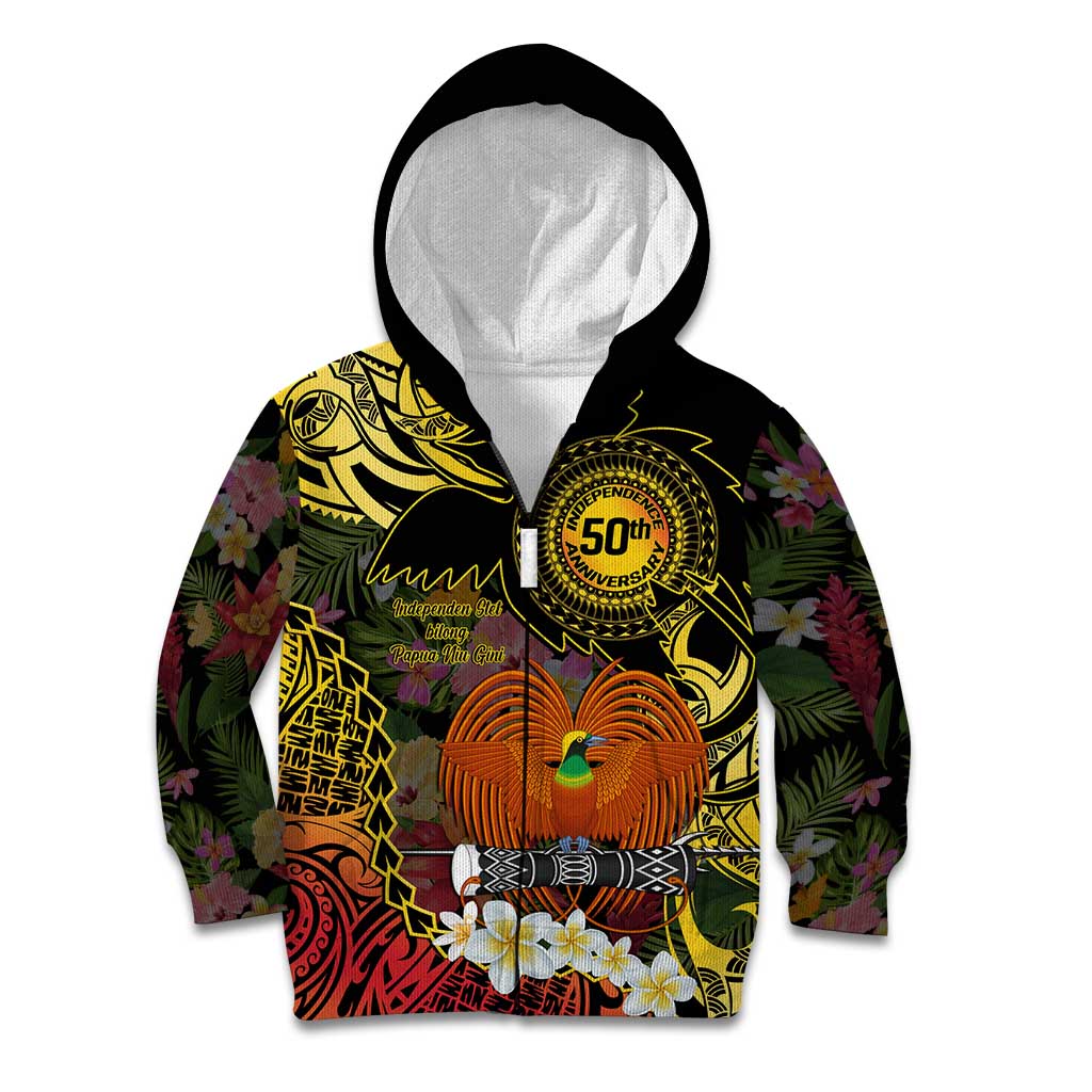 Papua New Guinea 50th Independence Anniversary Kid Hoodie Independen Stet bilong Papua Niu Gini LT14 Zip Hoodie Black - Polynesian Pride