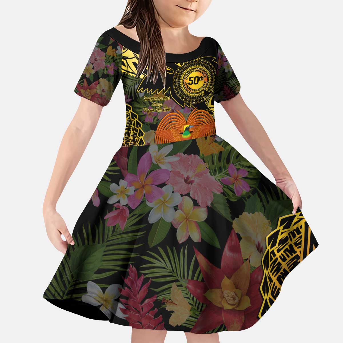 Papua New Guinea 50th Independence Anniversary Kid Short Sleeve Dress Independen Stet bilong Papua Niu Gini LT14 KID Black - Polynesian Pride