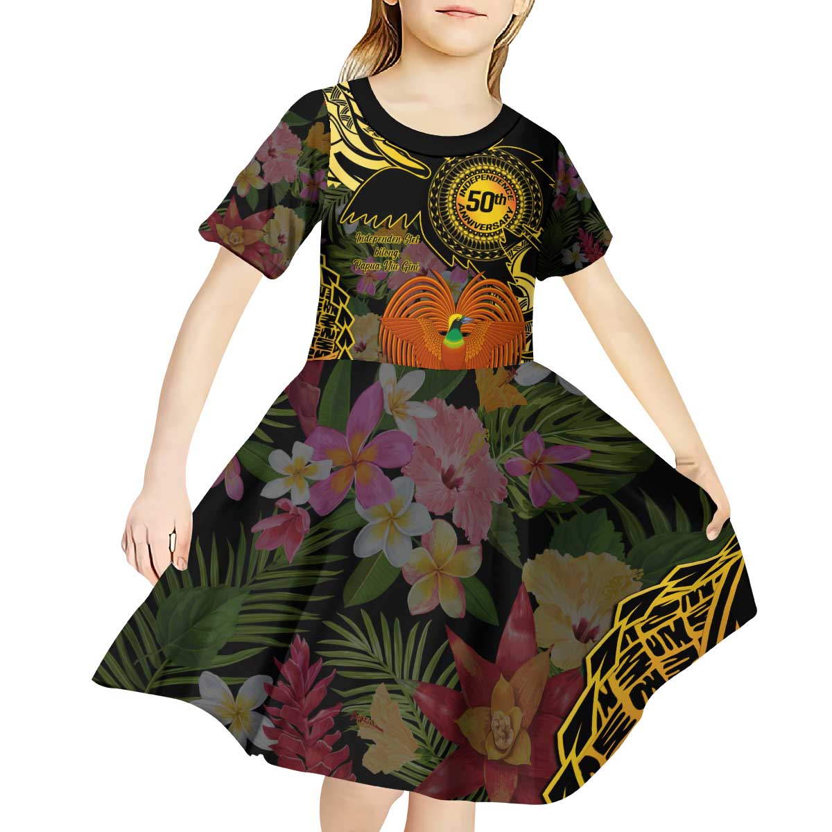 Papua New Guinea 50th Independence Anniversary Kid Short Sleeve Dress Independen Stet bilong Papua Niu Gini LT14 - Polynesian Pride