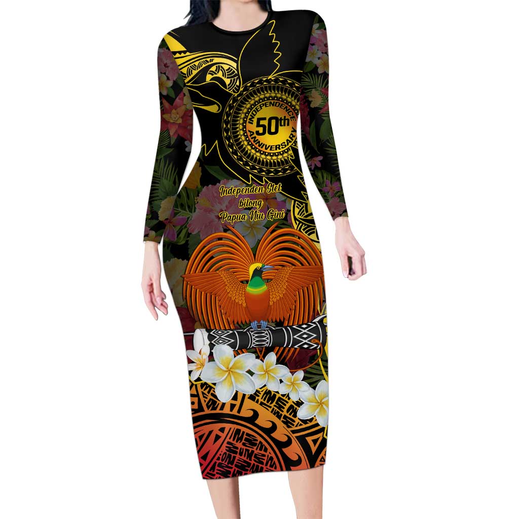 Papua New Guinea 50th Independence Anniversary Long Sleeve Bodycon Dress Independen Stet bilong Papua Niu Gini LT14 Long Dress Black - Polynesian Pride