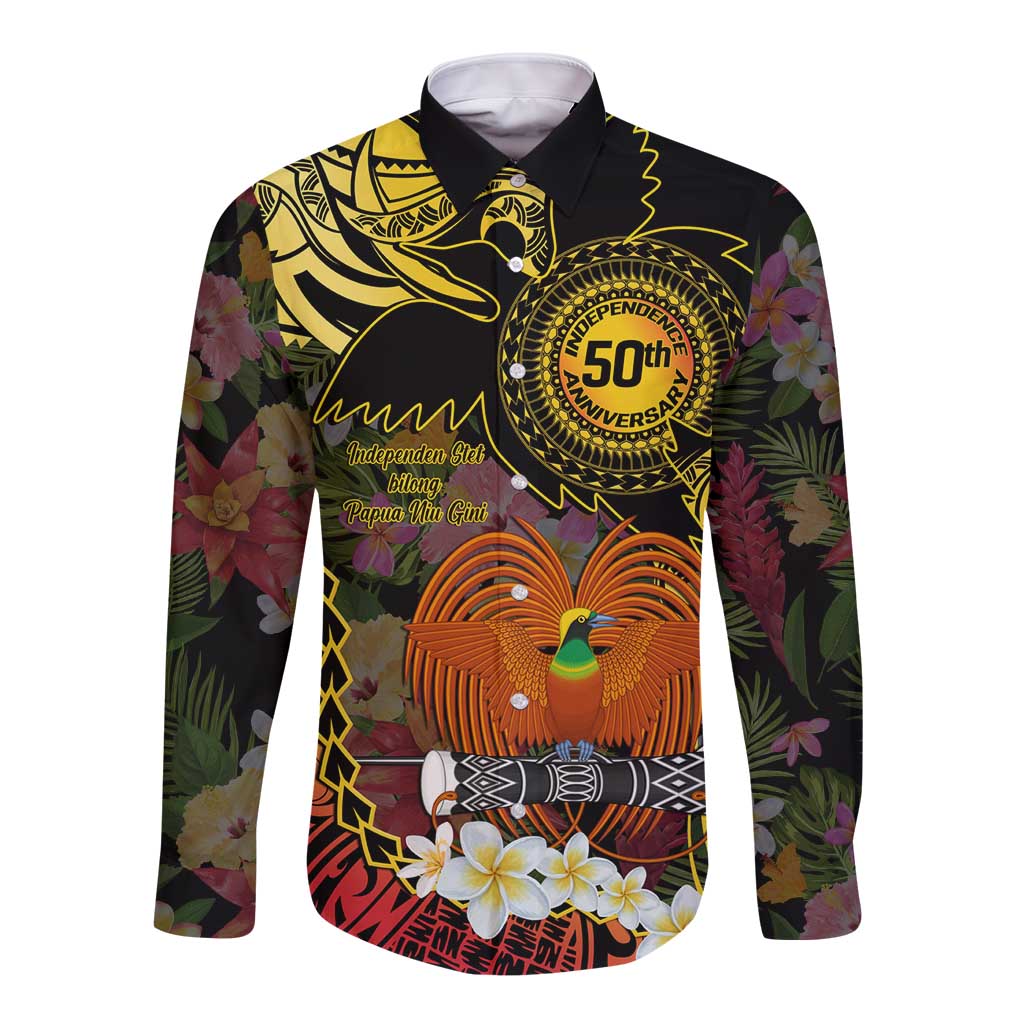 Papua New Guinea 50th Independence Anniversary Long Sleeve Button Shirt Independen Stet bilong Papua Niu Gini LT14 Unisex Black - Polynesian Pride