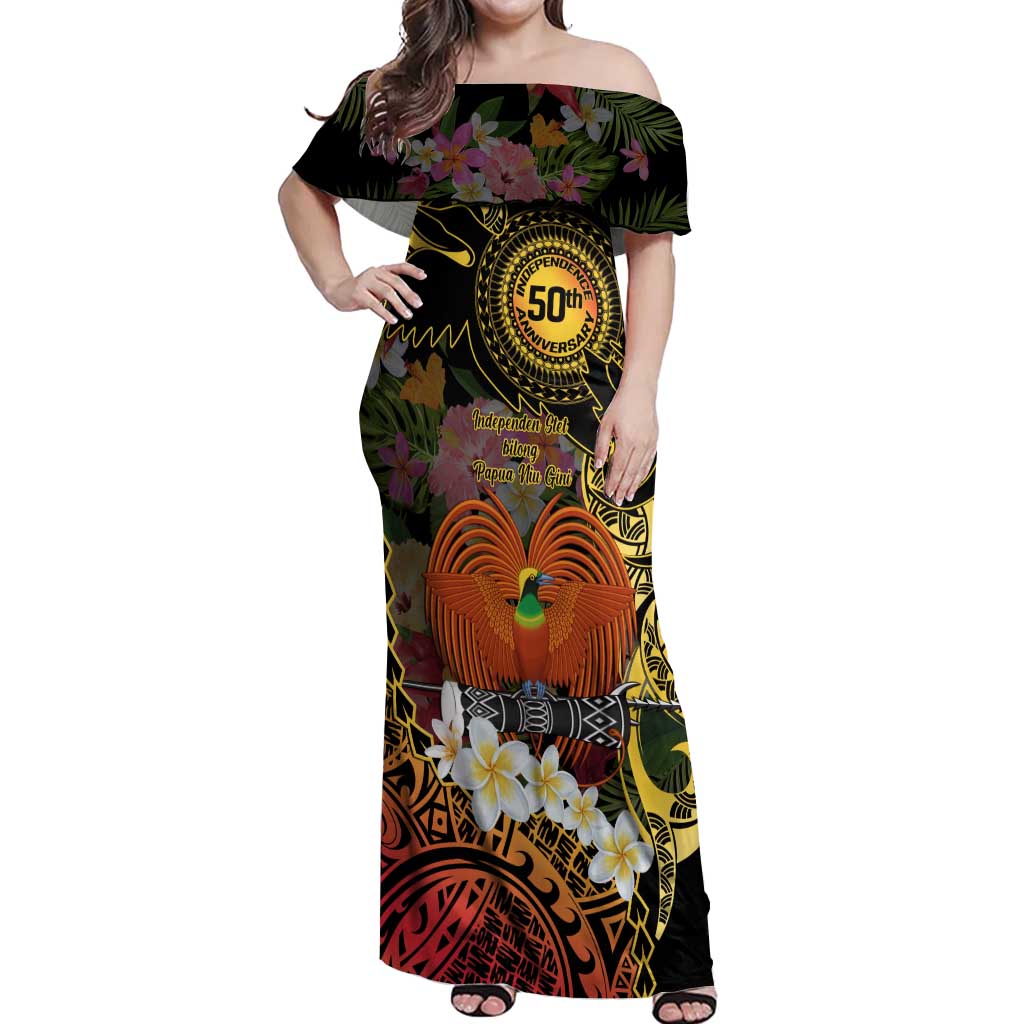 Papua New Guinea 50th Independence Anniversary Off Shoulder Maxi Dress Independen Stet bilong Papua Niu Gini LT14 Women Black - Polynesian Pride