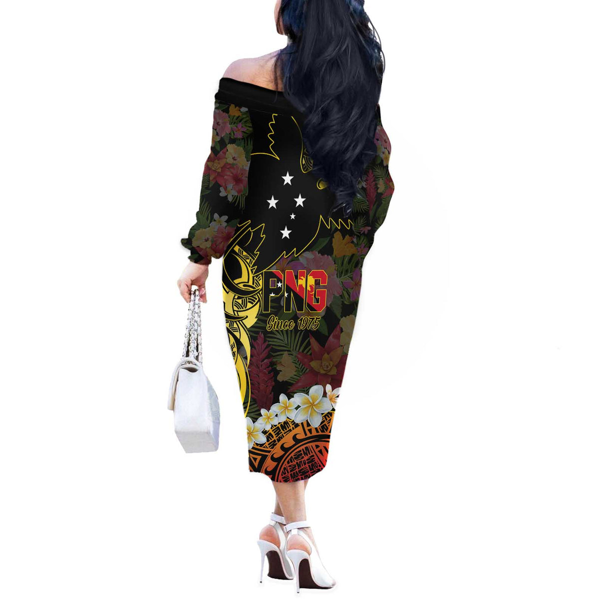 Papua New Guinea 50th Independence Anniversary Off The Shoulder Long Sleeve Dress Independen Stet bilong Papua Niu Gini LT14 - Polynesian Pride
