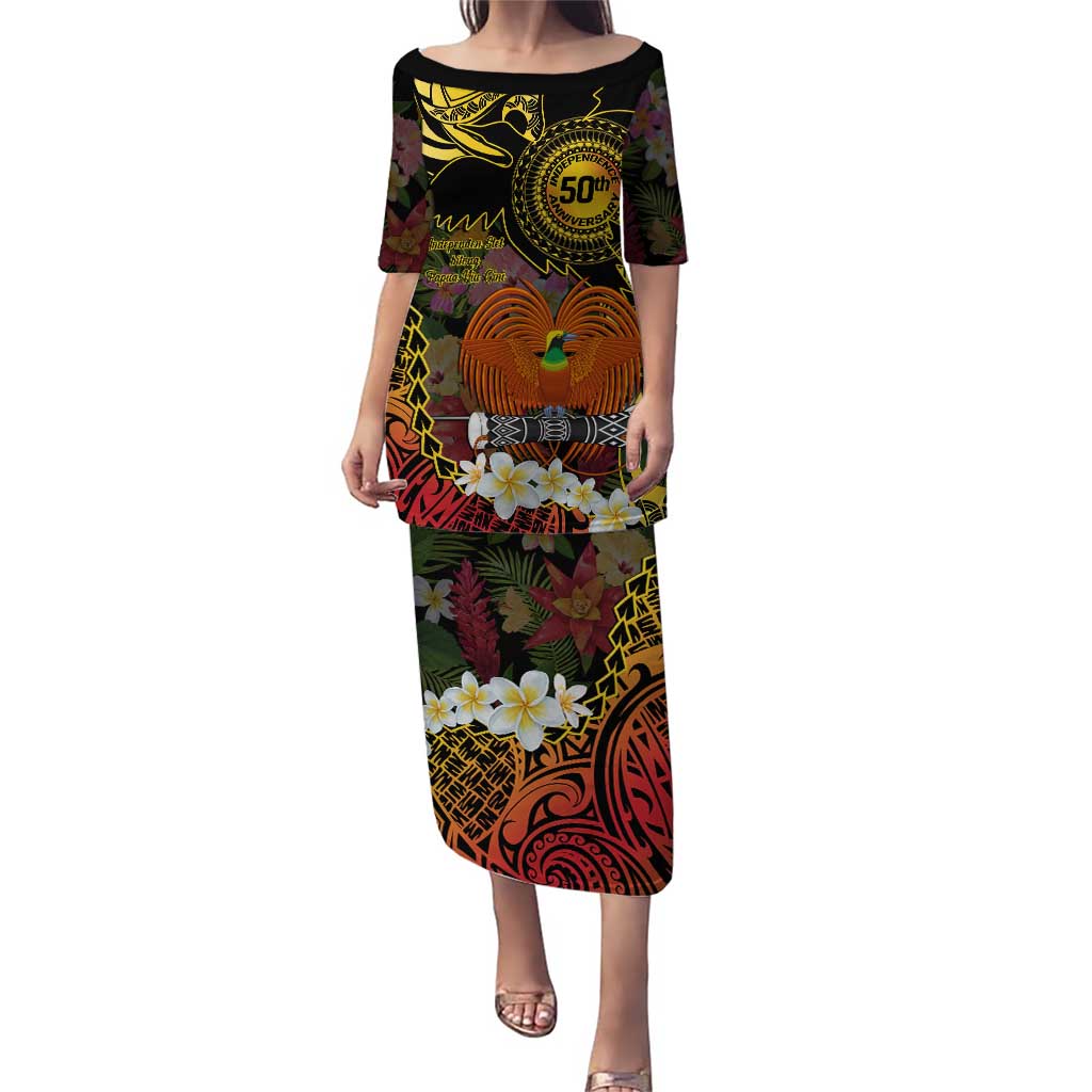Papua New Guinea 50th Independence Anniversary Puletasi Independen Stet bilong Papua Niu Gini LT14 Long Dress Black - Polynesian Pride
