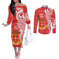 Personalised Kolisi Tonga Couples Matching Off The Shoulder Long Sleeve Dress and Long Sleeve Button Shirt Mate Maa Tonga Ngatu Pattern LT14 Red - Polynesian Pride