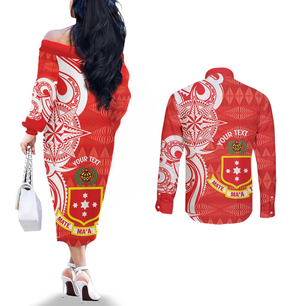 Personalised Kolisi Tonga Couples Matching Off The Shoulder Long Sleeve Dress and Long Sleeve Button Shirt Mate Maa Tonga Ngatu Pattern LT14 - Polynesian Pride