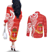Personalised Kolisi Tonga Couples Matching Off The Shoulder Long Sleeve Dress and Long Sleeve Button Shirt Mate Maa Tonga Ngatu Pattern LT14 - Polynesian Pride
