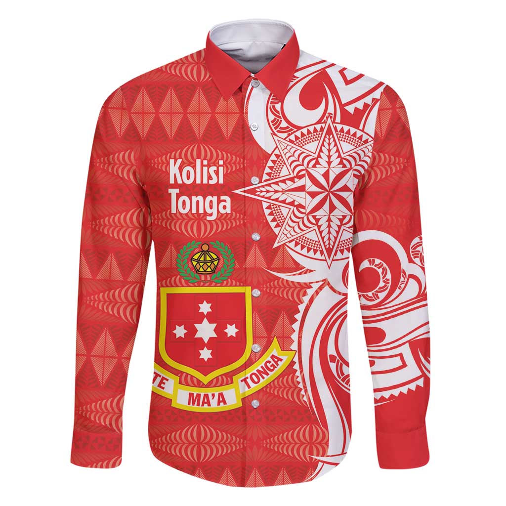 Personalised Kolisi Tonga Family Matching Long Sleeve Bodycon Dress and Hawaiian Shirt Mate Maa Tonga Ngatu Pattern LT14 Dad's Shirt - Long Sleeve Red - Polynesian Pride