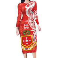 Personalised Kolisi Tonga Family Matching Long Sleeve Bodycon Dress and Hawaiian Shirt Mate Maa Tonga Ngatu Pattern LT14 Mom's Dress Red - Polynesian Pride