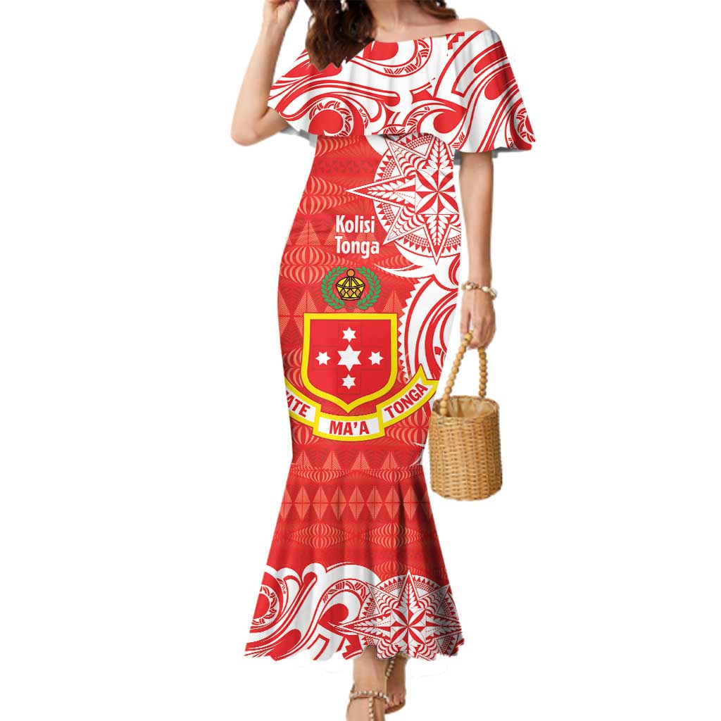Personalised Kolisi Tonga Family Matching Mermaid Dress and Hawaiian Shirt Mate Maa Tonga Ngatu Pattern LT14 Mom's Dress Red - Polynesian Pride