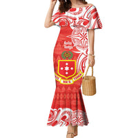 Personalised Kolisi Tonga Family Matching Mermaid Dress and Hawaiian Shirt Mate Maa Tonga Ngatu Pattern LT14 Mom's Dress Red - Polynesian Pride