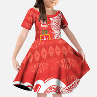 Personalised Kolisi Tonga Family Matching Off The Shoulder Long Sleeve Dress and Hawaiian Shirt Mate Maa Tonga Ngatu Pattern LT14 Daughter's Dress Red - Polynesian Pride