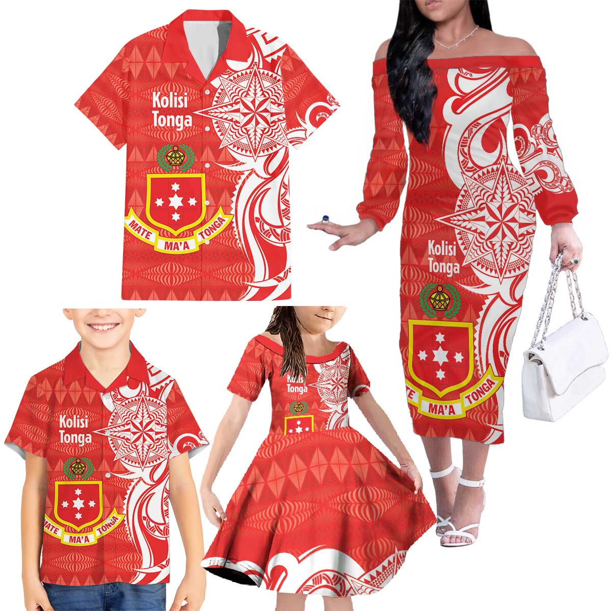 Personalised Kolisi Tonga Family Matching Off The Shoulder Long Sleeve Dress and Hawaiian Shirt Mate Maa Tonga Ngatu Pattern LT14 - Polynesian Pride