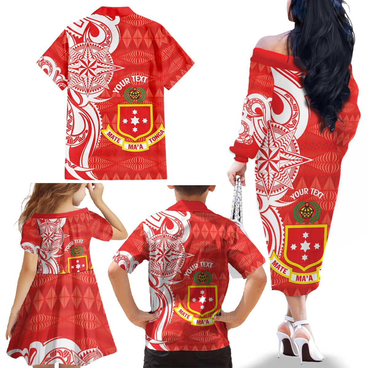Personalised Kolisi Tonga Family Matching Off The Shoulder Long Sleeve Dress and Hawaiian Shirt Mate Maa Tonga Ngatu Pattern LT14 - Polynesian Pride