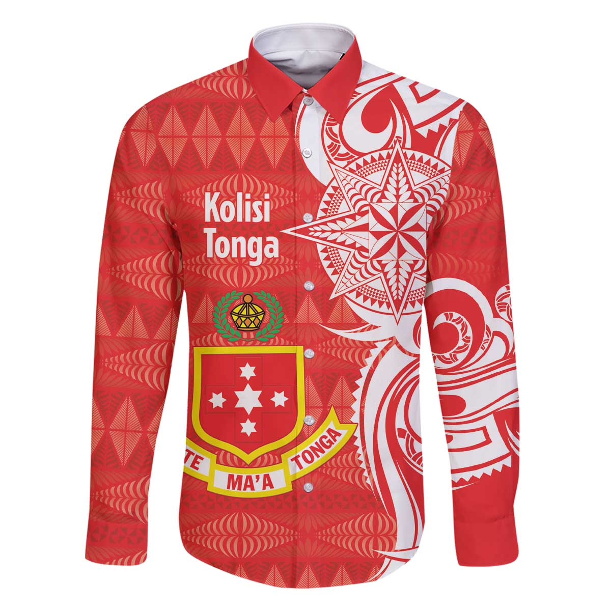 Personalised Kolisi Tonga Family Matching Off The Shoulder Long Sleeve Dress and Hawaiian Shirt Mate Maa Tonga Ngatu Pattern LT14 Dad's Shirt - Long Sleeve Red - Polynesian Pride