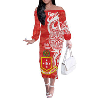 Personalised Kolisi Tonga Family Matching Off The Shoulder Long Sleeve Dress and Hawaiian Shirt Mate Maa Tonga Ngatu Pattern LT14 Mom's Dress Red - Polynesian Pride