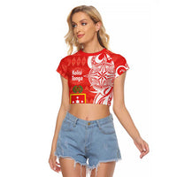 Personalised Kolisi Tonga Raglan Cropped T Shirt Mate Maa Tonga Ngatu Pattern - Polynesian Pride
