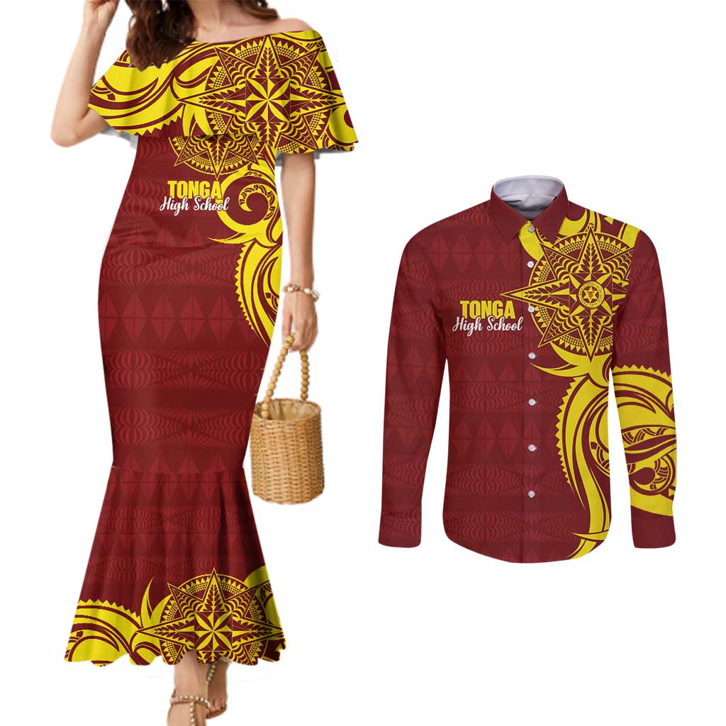 Personalised Tonga High School Couples Matching Mermaid Dress and Long Sleeve Button Shirt THS Tongan Ngatu Pattern - Polynesian Pride