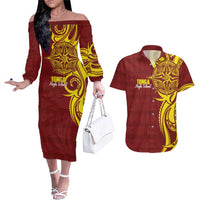 Personalised Tonga High School Couples Matching Off The Shoulder Long Sleeve Dress and Hawaiian Shirt THS Tongan Ngatu Pattern LT14 Maroon - Polynesian Pride