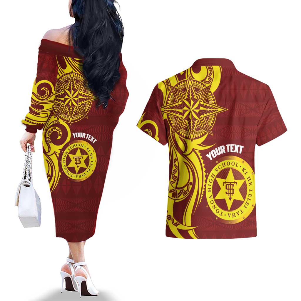 Personalised Tonga High School Couples Matching Off The Shoulder Long Sleeve Dress and Hawaiian Shirt THS Tongan Ngatu Pattern LT14 - Polynesian Pride