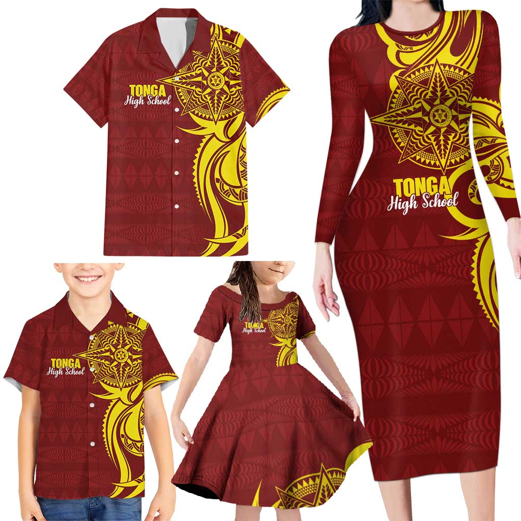Personalised Tonga High School Family Matching Long Sleeve Bodycon Dress and Hawaiian Shirt THS Tongan Ngatu Pattern LT14 - Polynesian Pride