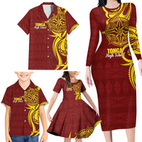 Personalised Tonga High School Family Matching Long Sleeve Bodycon Dress and Hawaiian Shirt THS Tongan Ngatu Pattern LT14 - Polynesian Pride