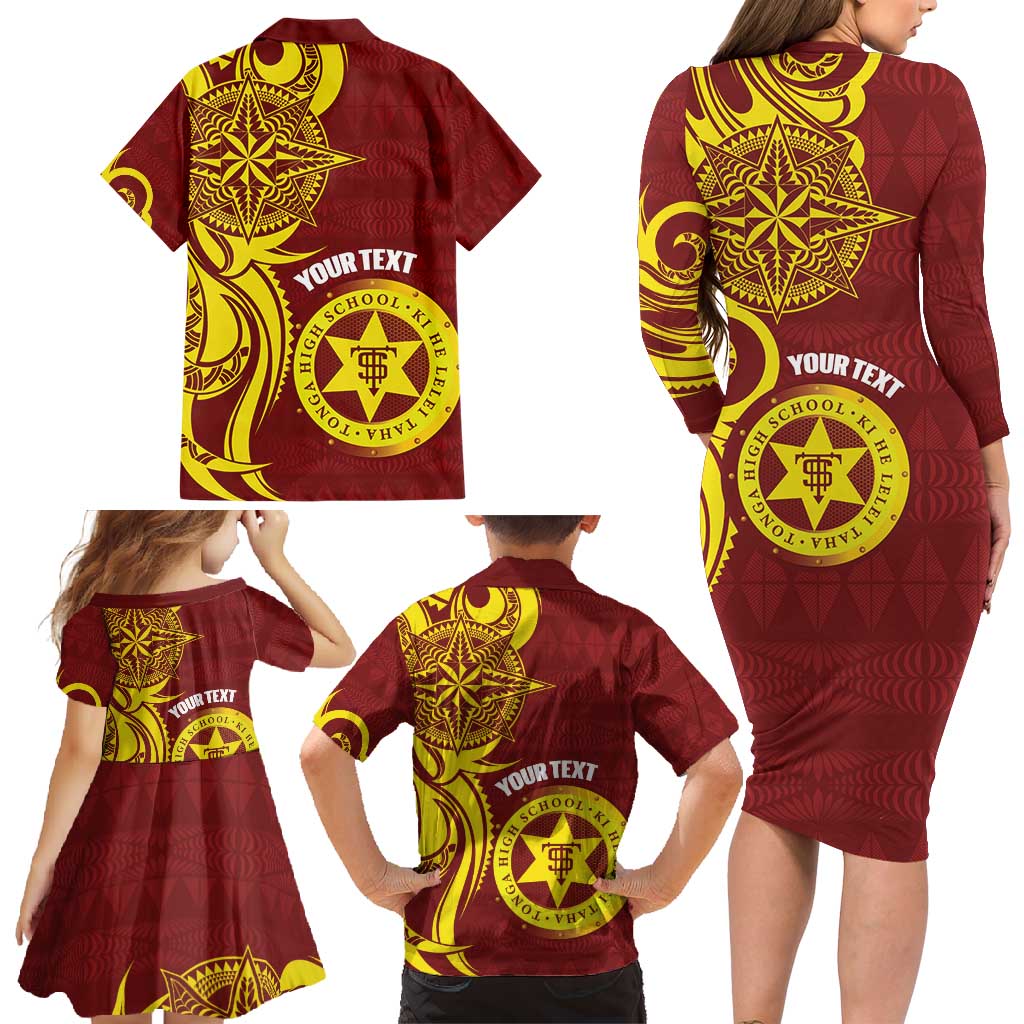 Personalised Tonga High School Family Matching Long Sleeve Bodycon Dress and Hawaiian Shirt THS Tongan Ngatu Pattern LT14 - Polynesian Pride