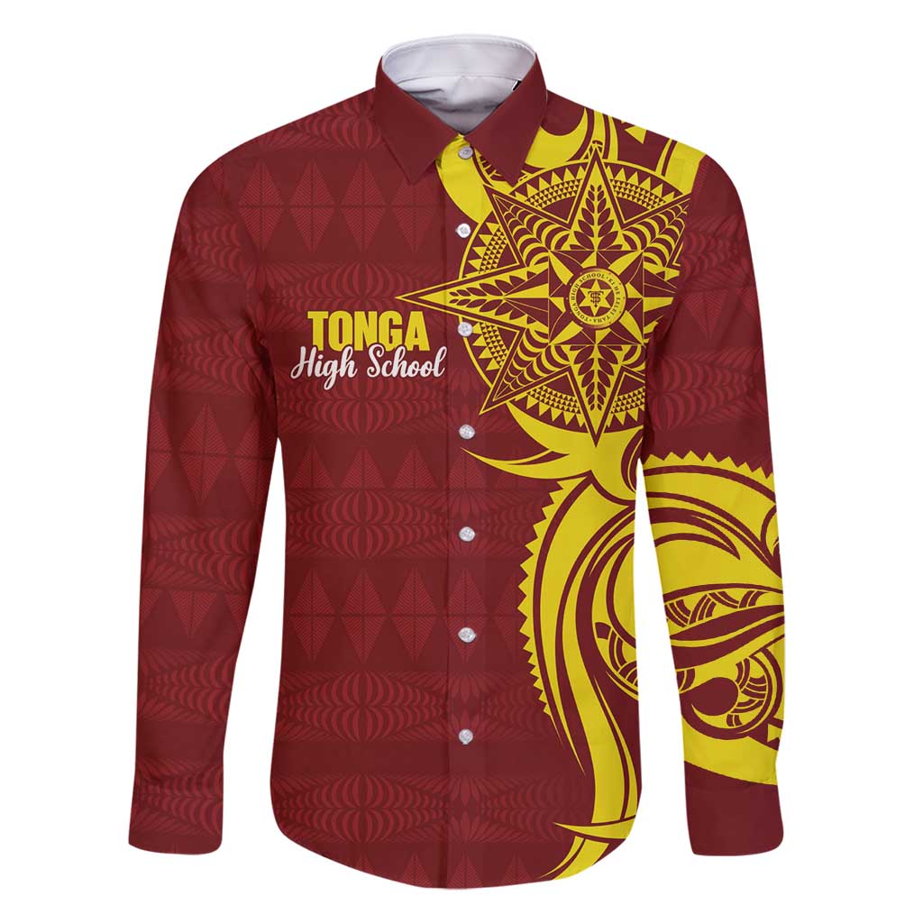 Personalised Tonga High School Family Matching Long Sleeve Bodycon Dress and Hawaiian Shirt THS Tongan Ngatu Pattern LT14 Dad's Shirt - Long Sleeve Maroon - Polynesian Pride