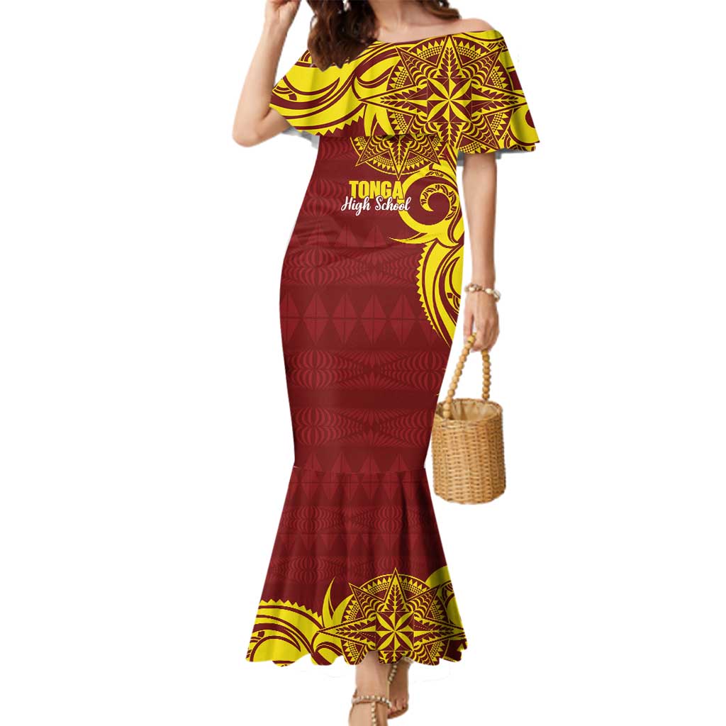 Personalised Tonga High School Family Matching Mermaid Dress and Hawaiian Shirt THS Tongan Ngatu Pattern LT14 Mom's Dress Maroon - Polynesian Pride